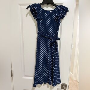 Navy Polka Dot Dress with Ruffle Sleeves